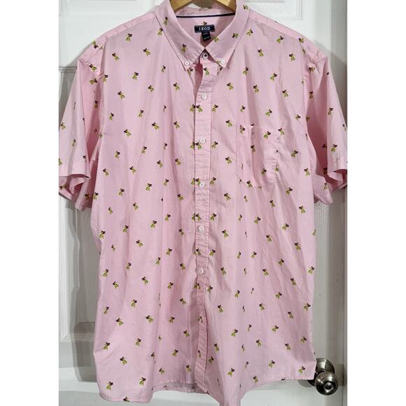 IZOD Mens Pink Hula Girl Resort Button Down Collared Shirt All Over Print Sz XXL - Picture 2 of 2